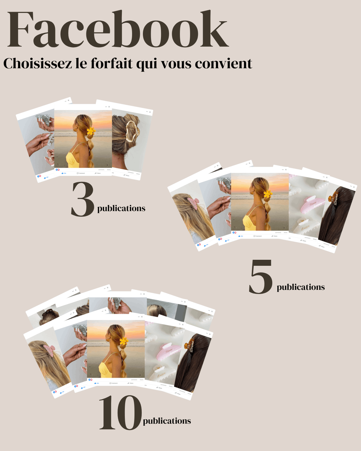 Image présentant trois forfaits de publication pour Facebook : 3, 5 et 10 publications.