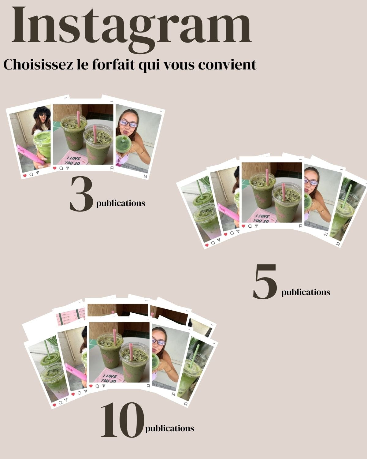 Image présentant trois forfaits de publication pour Instagram : 3, 5 et 10 publications.