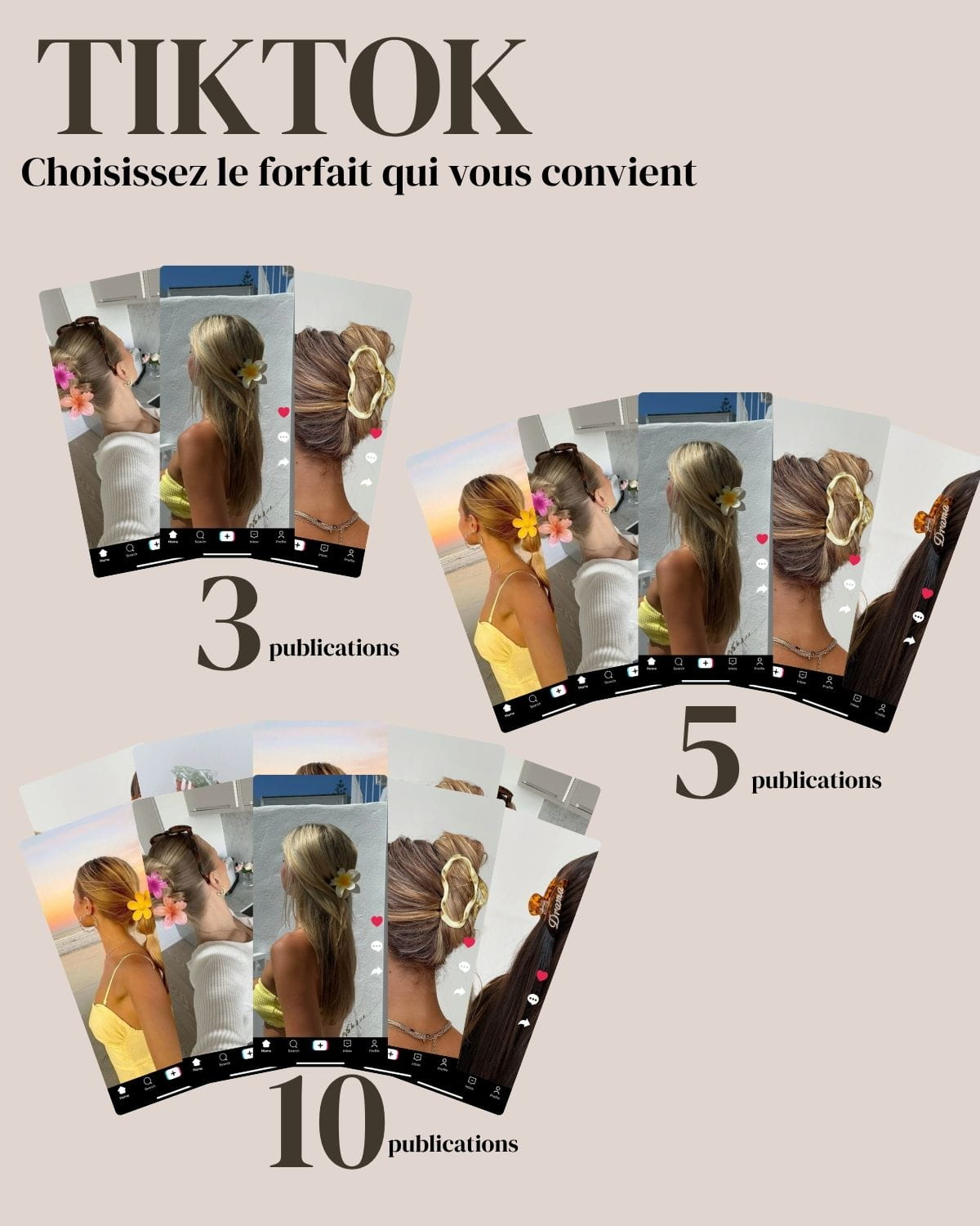 Image présentant trois forfaits de publication pour Tiktok: 3, 5 et 10 publications.